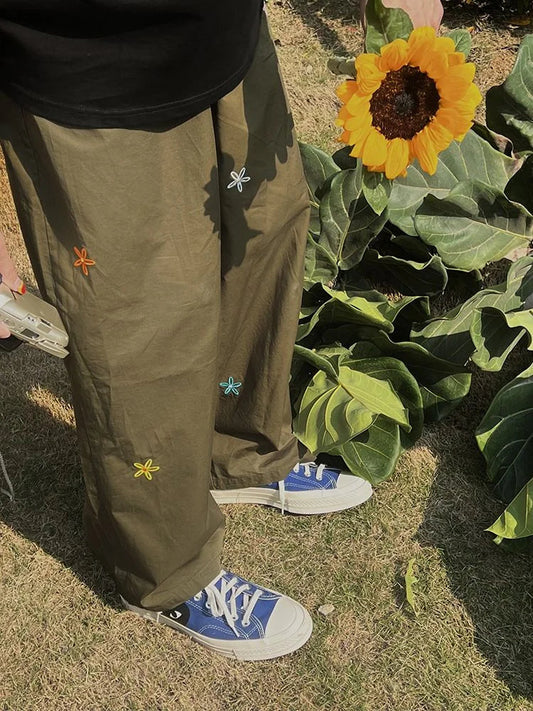 Korean Green Cargo Harajuku Hippie Kpop Embroidery Baggy Pant