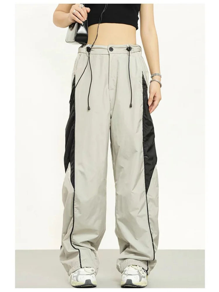 Patchwork Beige Sweatpants Retro Wide Leg Baggy Pant