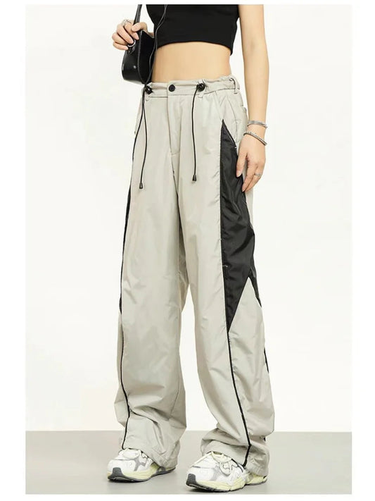 Patchwork Beige Sweatpants Retro Wide Leg Baggy Pant
