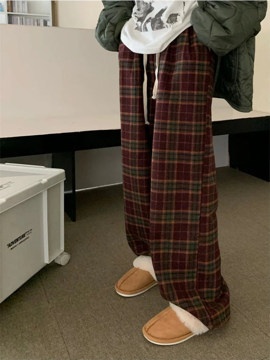 Red Plaid Winter Warm Fleece Korean Style Oversize Pant
