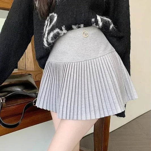 Woolen Pleated High Waist A-line Patchwork Skirt
