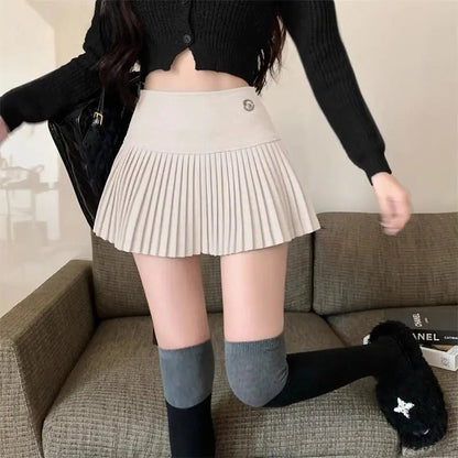 Woolen Pleated High Waist A-line Patchwork Skirt