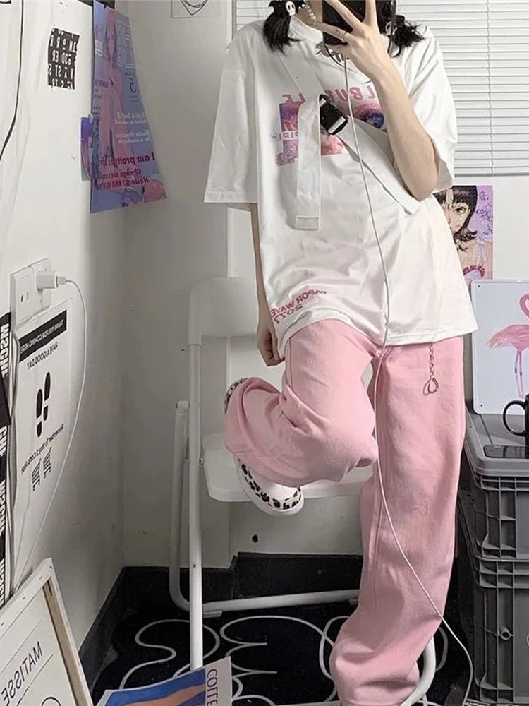 Pink Low Rise Wide Leg Denim Y2k Kawaii Pant