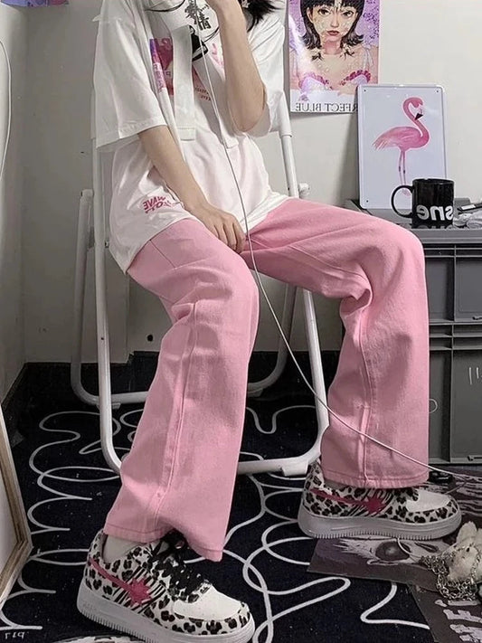 Pink Low Rise Wide Leg Denim Y2k Kawaii Pant