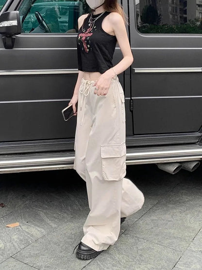 Y2k Beige Cargo Parachute Oversize Wide Leg Loose Pant