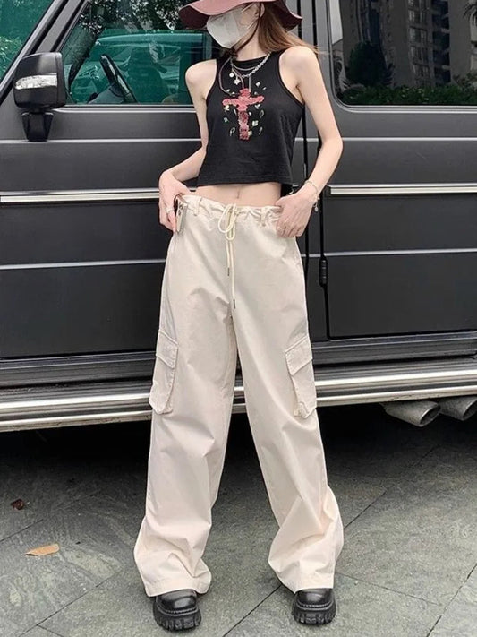 Y2k Beige Cargo Parachute Oversize Wide Leg Loose Pant