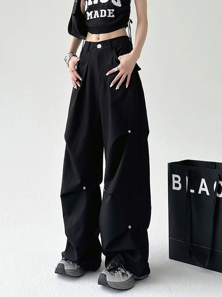 Y2k Cyber Punk Cargo Parachute Hippie Korean Style Black Baggy Wide Pant