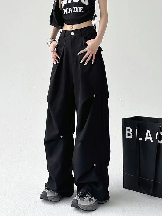 Y2k Cyber Punk Cargo Parachute Hippie Korean Style Black Baggy Wide Pant