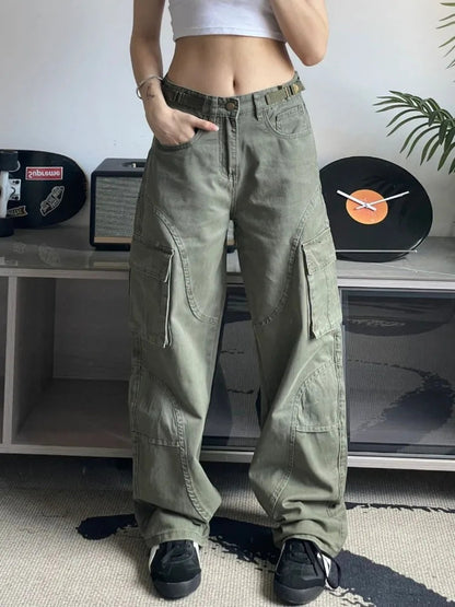Y2k Green Cargo 90s Wide Leg Denim Multy Pockets Pant