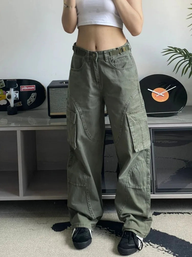 Y2k Green Cargo 90s Wide Leg Denim Multy Pockets Pant