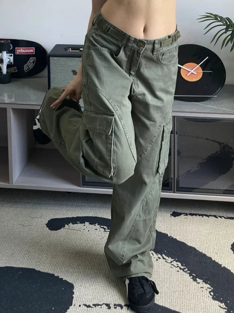 Y2k Green Cargo 90s Wide Leg Denim Multy Pockets Pant