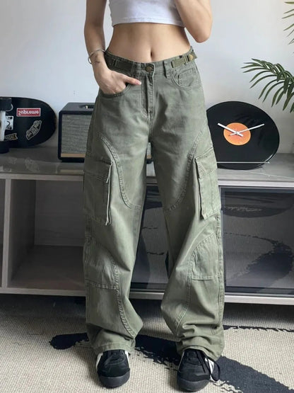 Y2k Green Cargo 90s Wide Leg Denim Multy Pockets Pant