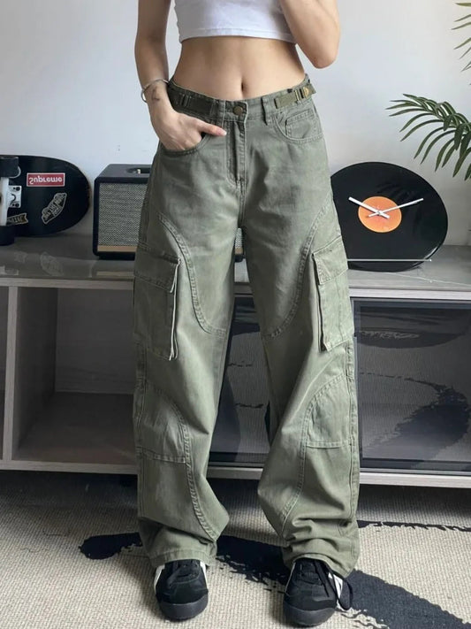 Y2k Green Cargo 90s Wide Leg Denim Multy Pockets Pant