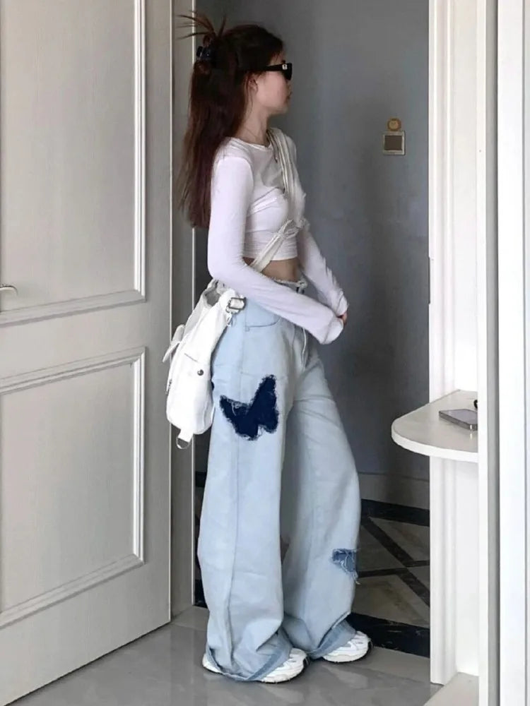 Blue Baggy Y2k Hippie Graphic Denim Oversize Patchwork Pant