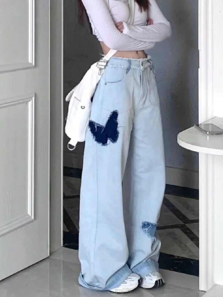 Blue Baggy Y2k Hippie Graphic Denim Oversize Patchwork Pant