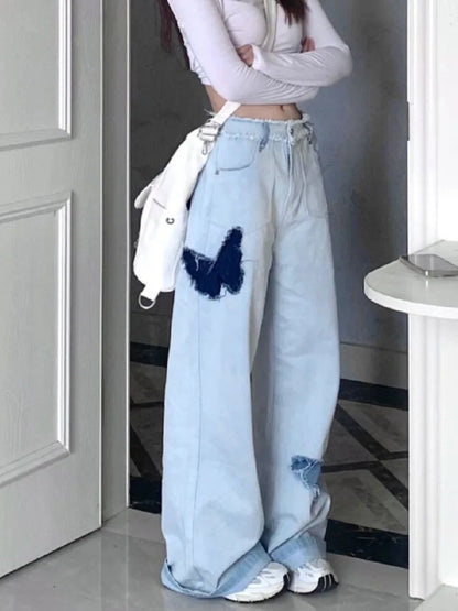 Blue Baggy Y2k Hippie Graphic Denim Oversize Patchwork Pant