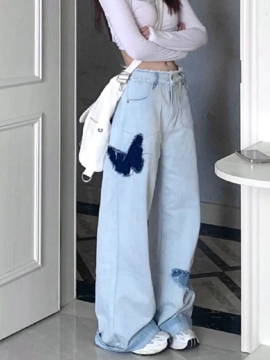 Blue Baggy Y2k Hippie Graphic Denim Oversize Patchwork Pant