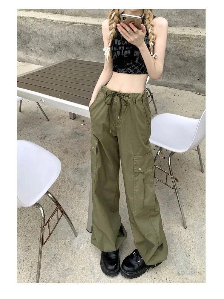 Y2k Kpop Black Cargo Harajuku Drawstring Pockets Green Wide Pant