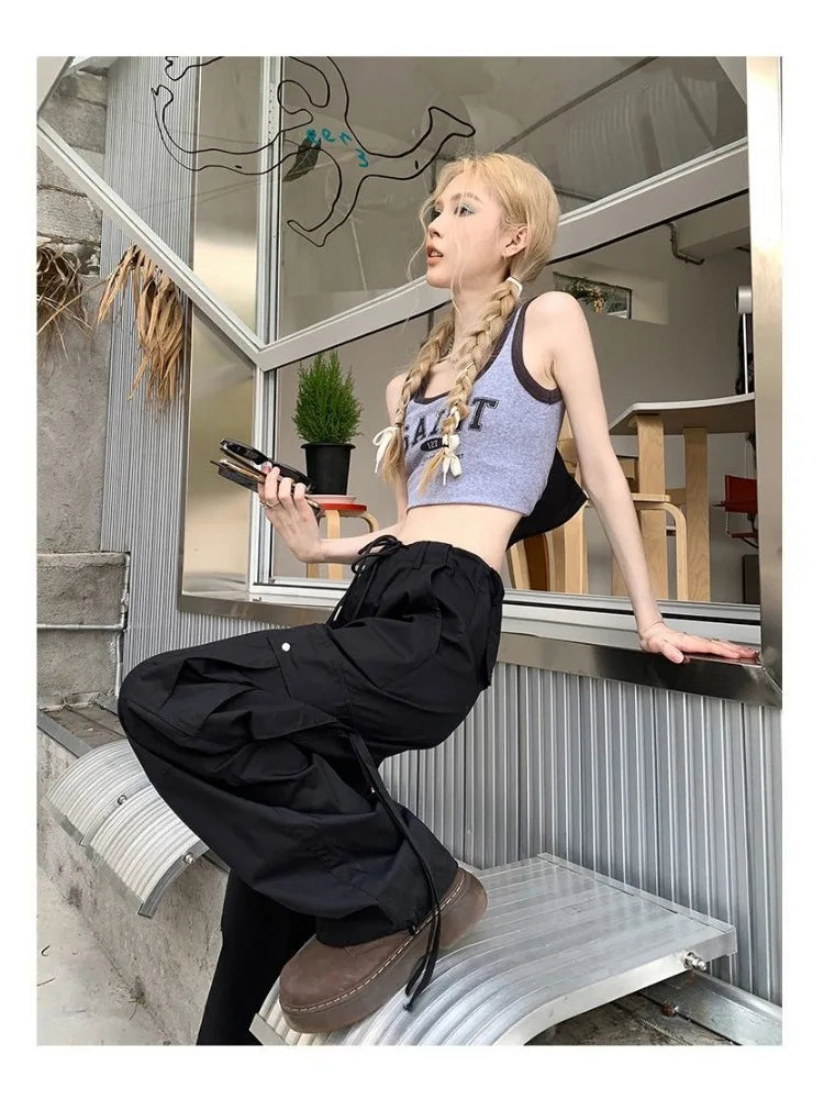 Y2k Kpop Black Cargo Harajuku Drawstring Pockets Green Wide Pant