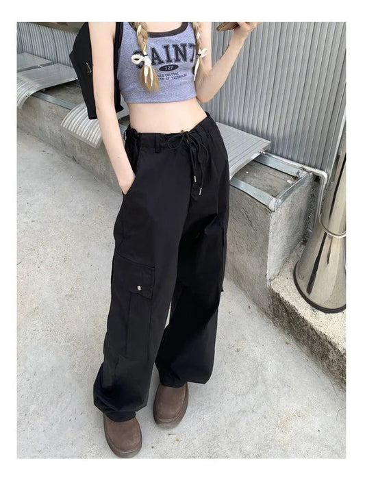 Y2k Kpop Black Cargo Harajuku Drawstring Pockets Green Wide Pant