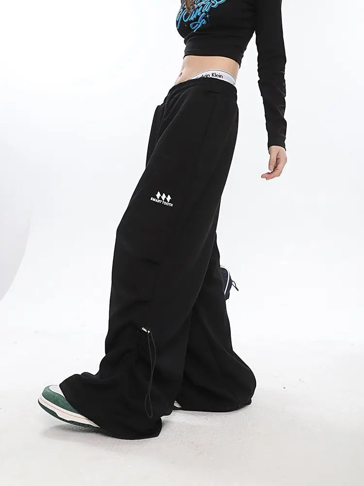 Y2k Kpop Gray Drawstring Folds Jogging Oversize Wide Leg Pant
