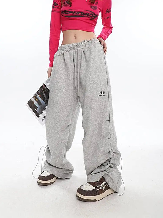 Y2k Kpop Gray Drawstring Folds Jogging Oversize Wide Leg Pant