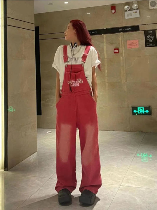 Y2k Kpop Pink Suspender Harajuku High Oversize Korean Hippie Pant