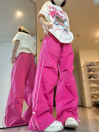 Y2k Pink Quick Dry Sweatpants Harajuku Kpop Oversized Wide Leg Sport Pant