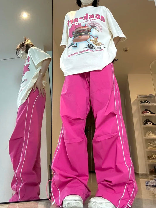 Y2k Pink Quick Dry Sweatpants Harajuku Kpop Oversized Wide Leg Sport Pant