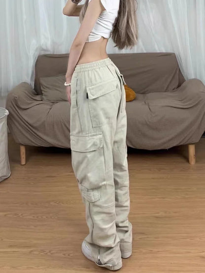 Y2k Retro Beige Cargo Pockets Wide Leg Pant