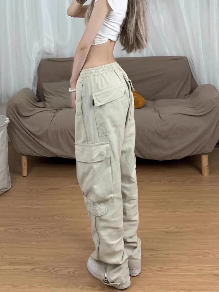 Y2k Retro Beige Cargo Pockets Wide Leg Pant