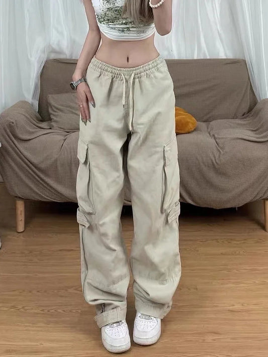 Y2k Retro Beige Cargo Pockets Wide Leg Pant