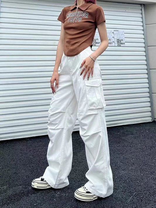 Y2k Retro White Cargo Aesthetic Oversized Brown Parachute Wide Pockets Pant