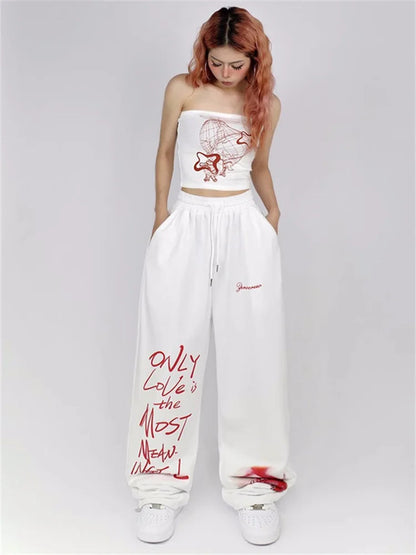 Y2k White Sweatpants Letter Print Black Track Oversize Harajuku Joggers Pant