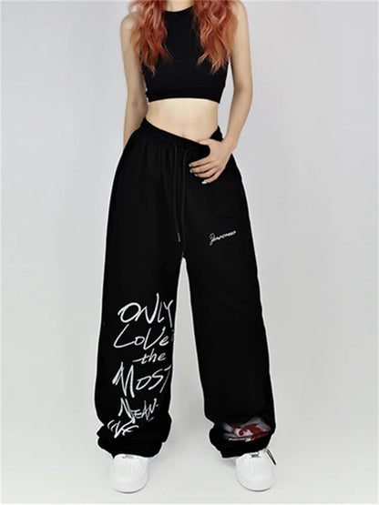 Y2k White Sweatpants Letter Print Black Track Oversize Harajuku Joggers Pant