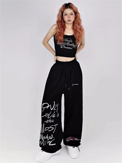 Y2k White Sweatpants Letter Print Black Track Oversize Harajuku Joggers Pant