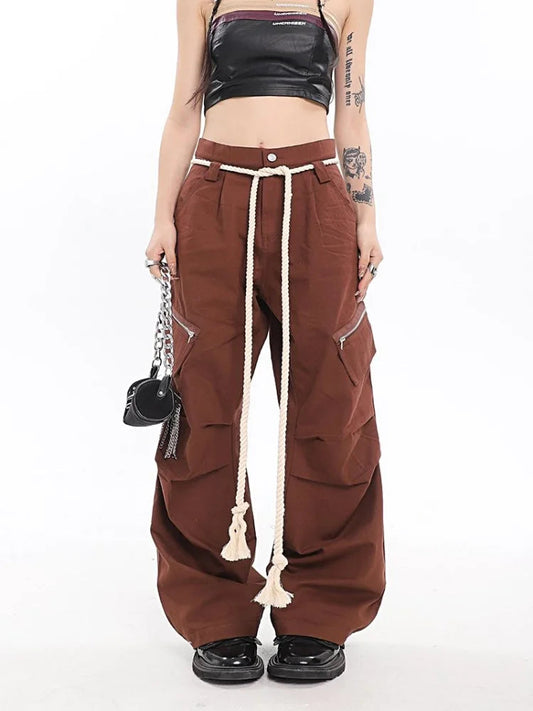 Y2k Brown Cargo Parachute Kpop Pink Wide Leg American Retro Pant