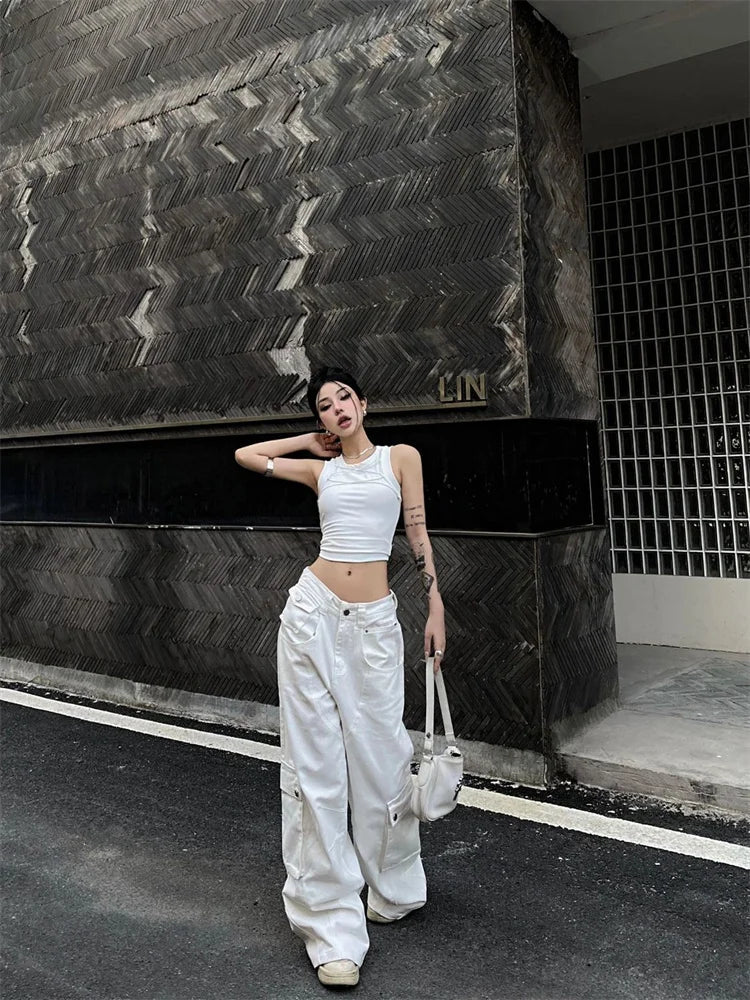 Y2k White Cargo Korean Style Wide Leg Denim Oversized Pant