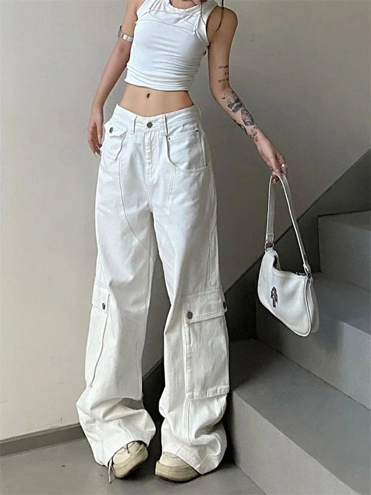 Y2k White Cargo Korean Style Wide Leg Denim Oversized Pant