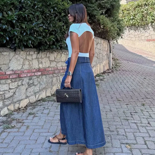 Denim Long Wrap Slit A-line Style Holiday Skirt