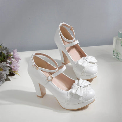 Woman Lolita Style Buckle Shoes Platform Block High Heels Pumps Bow Round Toe Ankle Strap Lady Pumps Spring 3443 Pink