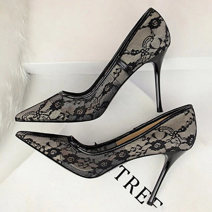 Shoes Mesh Hollow Lace Woman Pumps Spring Heels Party Shoes Thin Stiletto Heels Shoes 6 Colour