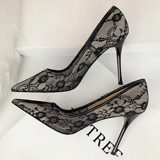 Shoes Mesh Hollow Lace Woman Pumps Spring Heels Party Shoes Thin Stiletto Heels Shoes 6 Colour
