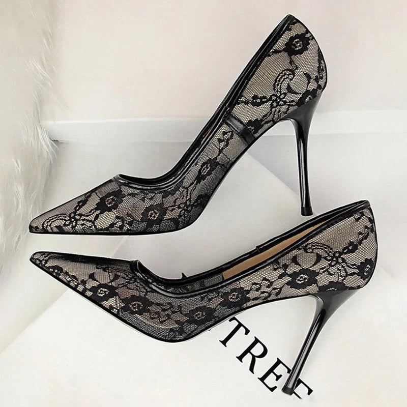 Shoes Mesh Hollow Lace Woman Pumps Spring Heels Party Shoes Thin Stiletto Heels Shoes 6 Colour