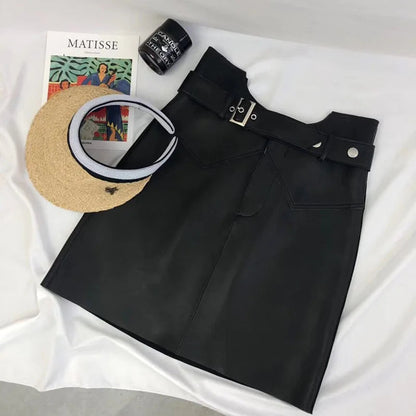 Autumn New Aline Small Leather Sheepskin Skirt Belt High Waist Shorts Leather Skirtsfemale Black Outfit
