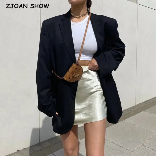 Spring Autumn Free Style One Button Oversized Blazer Boyfriend Mid Long Suit Loose Female Coat Black