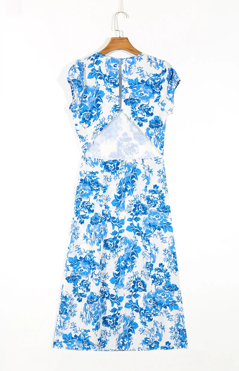Summer Backless Midi Dress Print Split Dress Holiday Lady Beach Party Vestidos