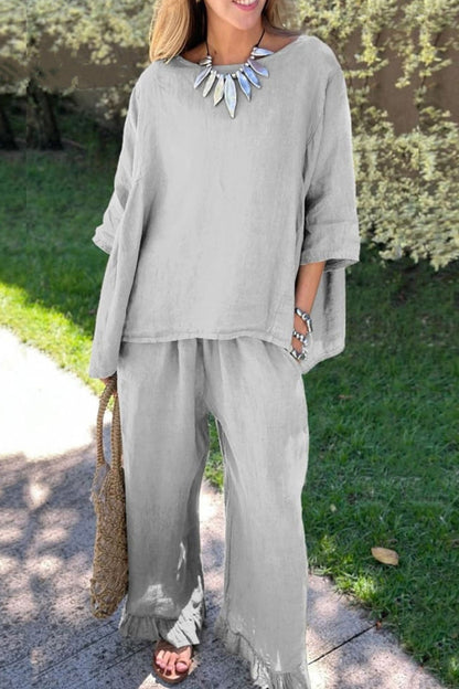 Half Sleeve Tops Fringe Hem Long Pants Set