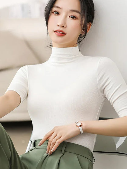 Half Turtleneck Milk Silk Tops Short Sleeve Slim T-shirt Color Basic Trend Bottoming Shirt High Street Blouse