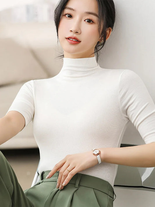 Half Turtleneck Milk Silk Tops Short Sleeve Slim T-shirt Color Basic Trend Bottoming Shirt High Street Blouse